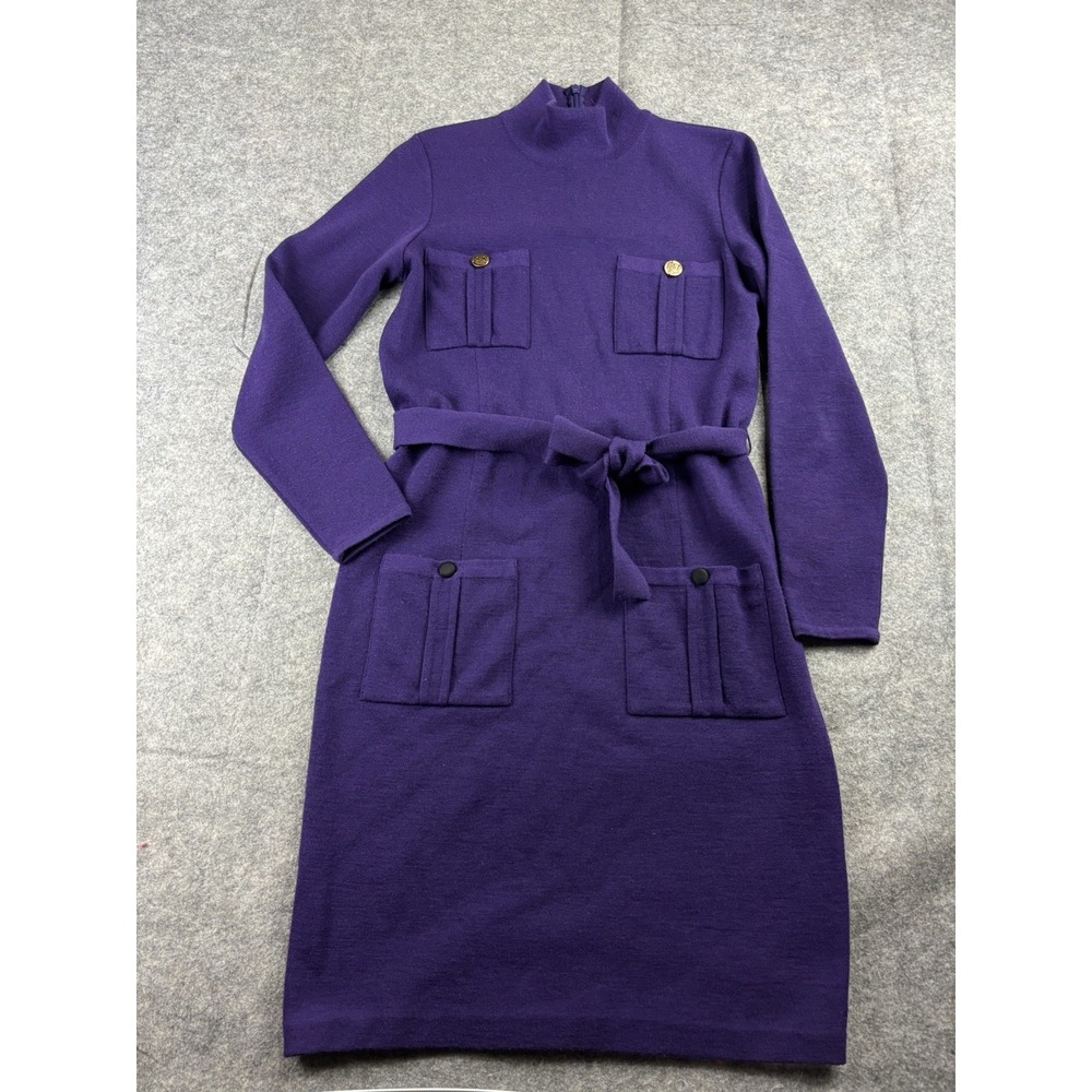 Dana Buchman 100% Wool Mock Neck Belt Dress Pockets Gold Button Women S VTG SEE